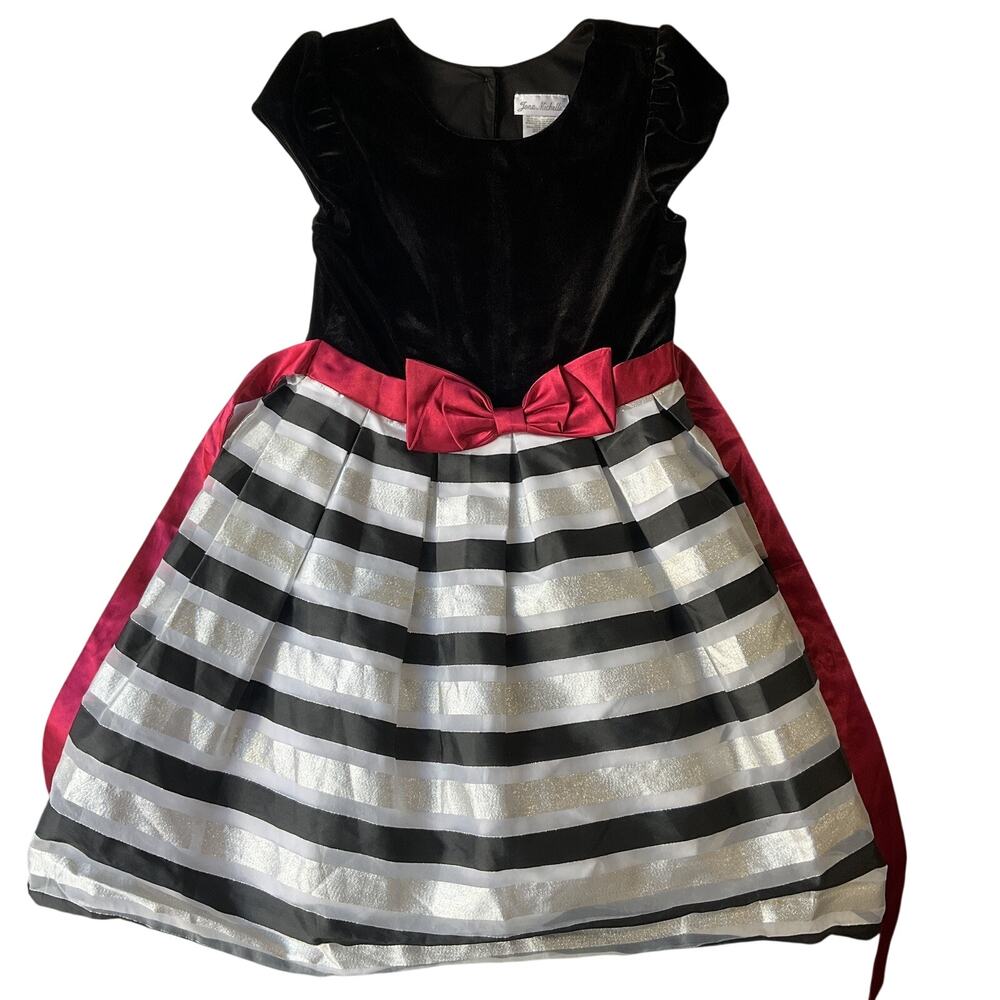 Jona Michelle Girls Dress 12 Black Striped Fit & Flare Bow Glitter Short Sleeve